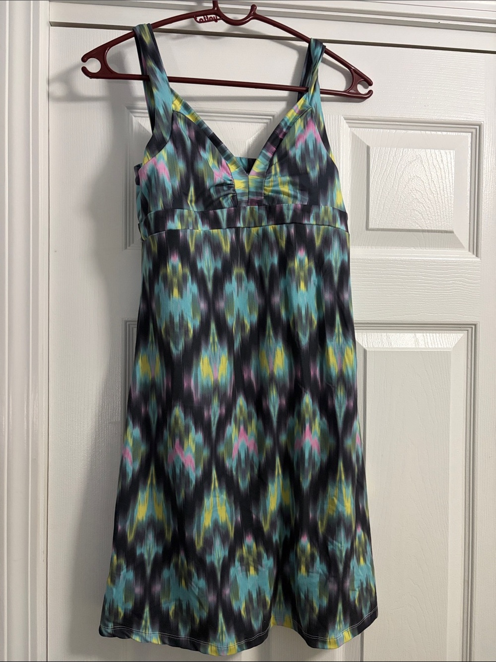 TEHAMA Black Mini Dress with Turquoise, Yellow & Pink Ikat Print